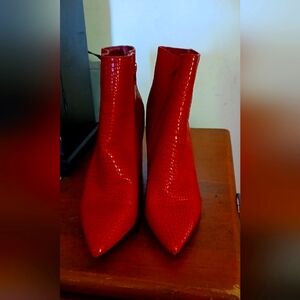 Red faux crocodile ankle boots